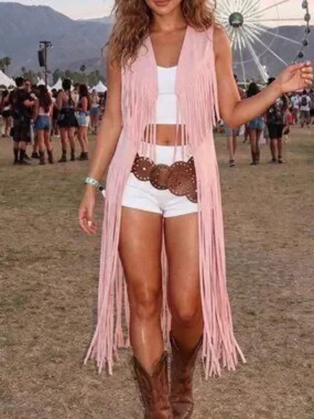 Pink Casual Women's Tassel Long Loose Open Front Vest
